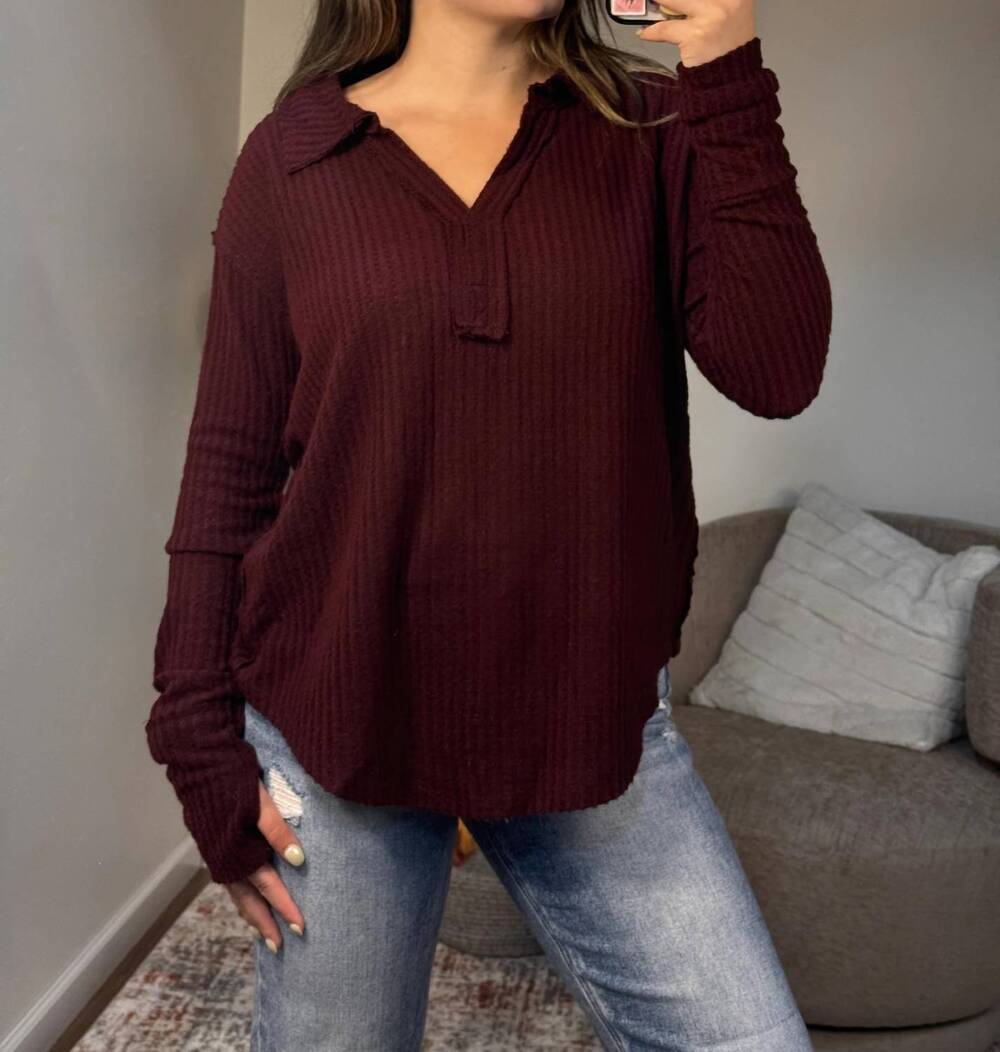 NEW BLUIVY archer brushed waffle henley top in burgundy